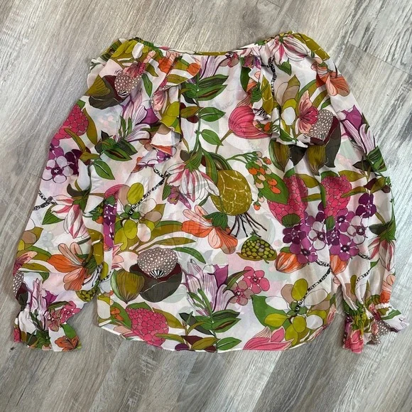 Trina Turk Blouse Magnolia Floral Silk Ruffle Tie Front Pink Green Women Small - Picture 3 of 6